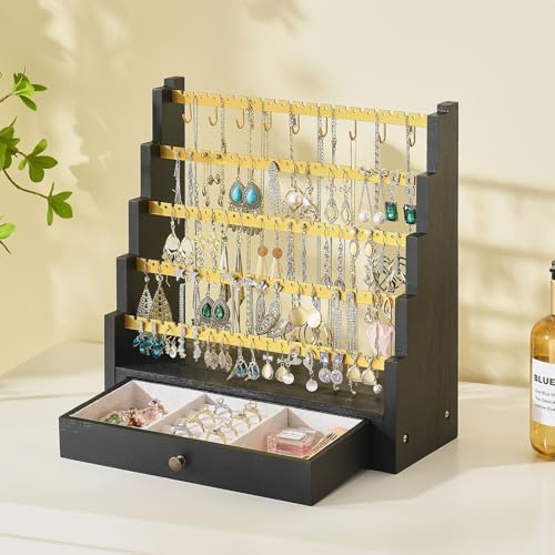 Pinzoveco Earring Organizer, 5 Layer Earring Holder Organizer with Metal Necklace Holder Pole, Rustic Wood Jewelry Organizer Stand Display for Stud Earring Bracelet Necklace Ring, 175 Earring Holes - color: Black Gold