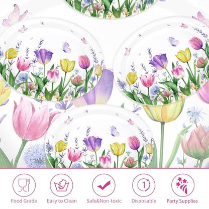 50Pcs Tulip Oval Paper Plates Large 10" x 12" Tulip Lavender Floral Plates Disposable Heavy Duty Butterfly Flower Plates for Spring Mother’s Day Wedding Bridal Shower Decor Birthday Tea Party Supplies - style: 50Pcs Tulip Oval Plates