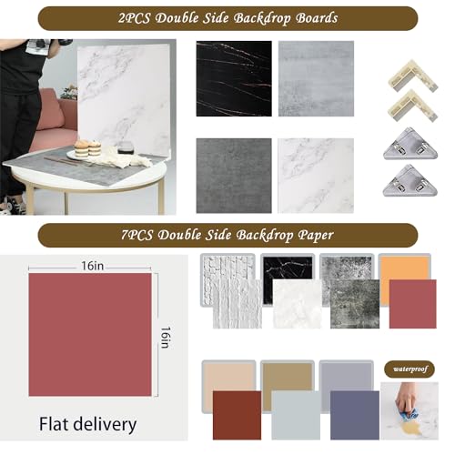 9PCS Product Photography Backdrop Board with Paper 16x16IN Double Sided Tabletop Background Backdrops Props Food Jewlery INS Cosmetics Small Photo Shooting Pink Green Blue - color: browngray red