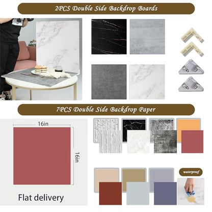 9PCS Product Photography Backdrop Board with Paper 16x16IN Double Sided Tabletop Background Backdrops Props Food Jewlery INS Cosmetics Small Photo Shooting Pink Green Blue - color: browngray red