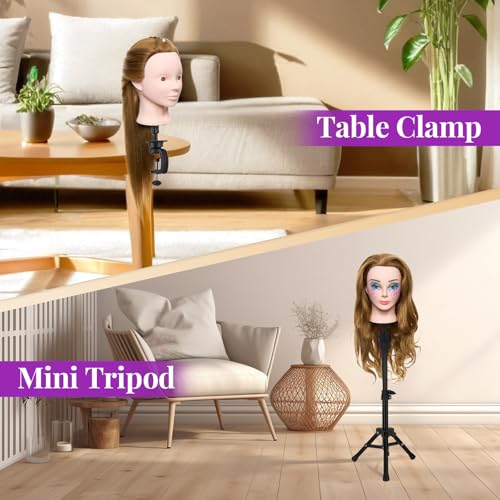 Mannequin Head with 80% Real Human Hair with Tripod Stand - 28" Makeup Cosmetology Manikin Doll Head for Hair Styling, Hairdressing Training Head for Braiding Practice Suitable for Hair Extensions - color: Brown &Tripod Set