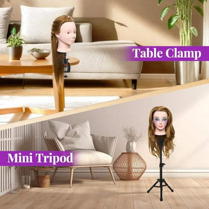 Mannequin Head with 80% Real Human Hair with Tripod Stand - 28" Makeup Cosmetology Manikin Doll Head for Hair Styling, Hairdressing Training Head for Braiding Practice Suitable for Hair Extensions - color: Brown &Tripod Set