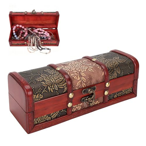 8.7in Wooden Storage Box,Exquisite Treasure Chest with Lock, Small Vintage Jewelry Box for Home Decor Gift,Jewelry and Photos,Party photography prop, 8.7 x 3 x 2.9 Inch