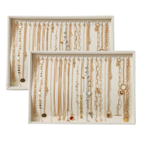 Large Velvet Jewelry Tray 2 Pack Stackable Jewelry Display Drawer Inserts Trays Organizer for Earring Bracelet Necklace Ring (Beige, 20 Hooks) - color: Beige, size: 20 Hooks