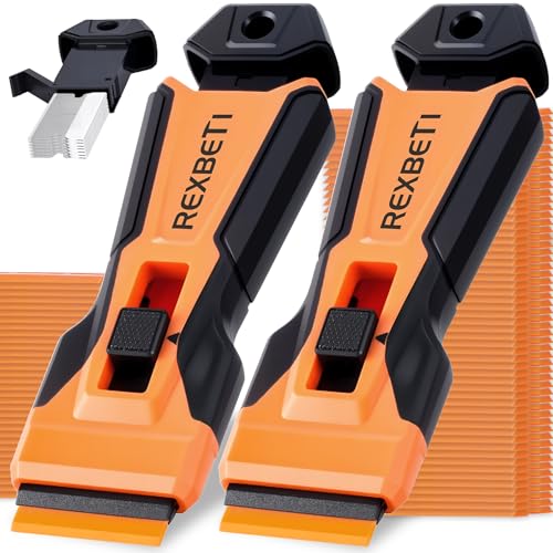 REXBETI Razor Blade Scraper Tool, 2 Pack Razor Scraper with Extra 314Pcs Razor Blades -14Pcs Metal and 300Pcs Plastic Blades, Cleaning Scraper Tool, Cooktop, Paint, Glass Scraper - style: Upgraded 2 Pack