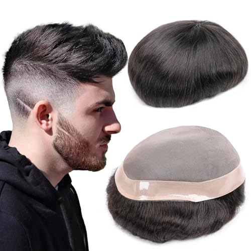 Toupee Hair for Men Hair Replacement System for Men Mono Lace Hairpiece Unit 8x10 Inch 1B Off Black Super Durable Lace Male System 100% Human Hair Balding Replacement Protesis Capilar - color: 1B# Off black - Mono NPU, size: 8x10 Inch