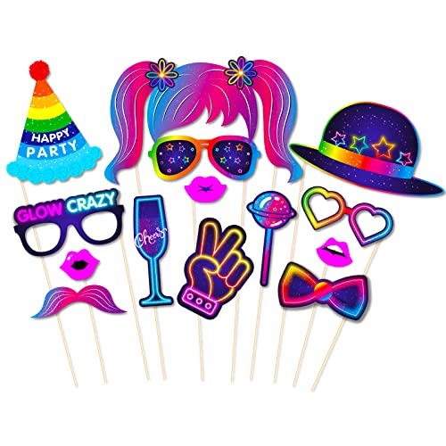 25pcs Glow Neon Photo Booth Props with Stick, Photo Props for Birthday Let's Glow Themed Neon Glow in The Dark Disco Black Light Party Decoration Supplies