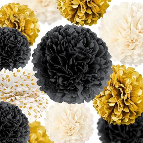 NICROLANDEE Black and Gold Party Supplies for 2026 Graduation - 12PCS Tissue Pom Poms 12" Decorative for Graduation, Wedding, Milestones Birthday for Men Women, Retirement Party, New Years Eve Party - style: Black Gold