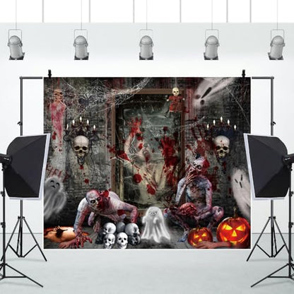 Halloween Backdrop for Photography 10x8ft Horror Ghost Skull Zombie Halloween Photo Backdrop Scary Haunted House Photography Background Party Decorations Kids Adult Portrait Photo Booth Props