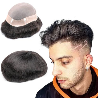 Toupee Mans Pieces and Hair System 100% Human Hair Mens Hairpiece Male Unit Mono Lace With Npu Around Lace Base Replacement 7x9 Inch 1B Off Black Strong Hold Undetectable Toupee System - color: 1B# Off black - Mono NPU, size: 7x9 Inch