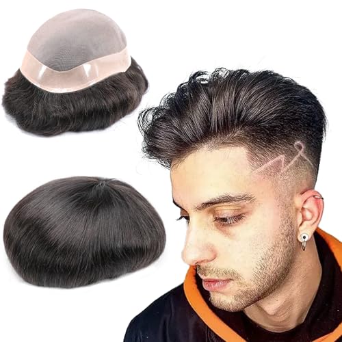 Toupee Mans Pieces and Hair System 100% Human Hair Mens Hairpiece Male Unit Mono Lace With Npu Around Lace Base Replacement 7x9 Inch 1B Off Black Strong Hold Undetectable Toupee System - color: 1B# Off black - Mono NPU, size: 7x9 Inch