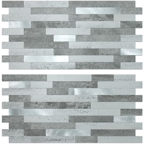 AULIGET 2 Sheets Faux Stone Peel and Stick Backsplash, Grey Slate Look PVC Wall Tile Stick on Backsplash for Kitchen and Bathroom - color: Grey Slate + Metal Silver, size: 2 Sheets, 6"x12"x0.12"