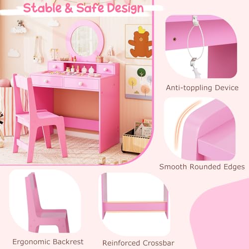 Costzon Kids Vanity, Princess Makeup Dressing Desk with Mirror and Stool, 4 Storage Drawers, Vanity Table and Chair Set for Little Girls (Pink) - style: Pink with Round Mirror
