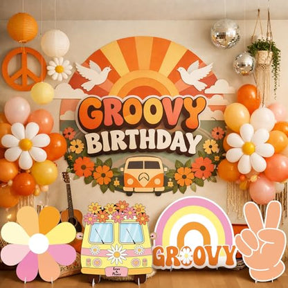 4 Pcs 24 Inch Large Hippie Photo Booth Props Retro Groovy Cardboard Cutout Party Decorations Boho Bus Daisy Peace Sign Hand Rainbow Frame Backdrop for 60s 70s Hippie Baby Shower Party Supply - style: Hippie