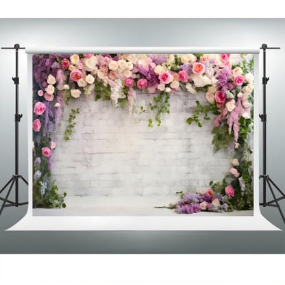 YongFoto Retro White Brick Wall Floral Arch Backdrop 7x5ft Rose Flowers Vine Leaves Photography Background Birthday Bridal Shower Wedding Party Banner Room Decor Portraits Photoshoot Wallpaper - size: 7ftx5ft