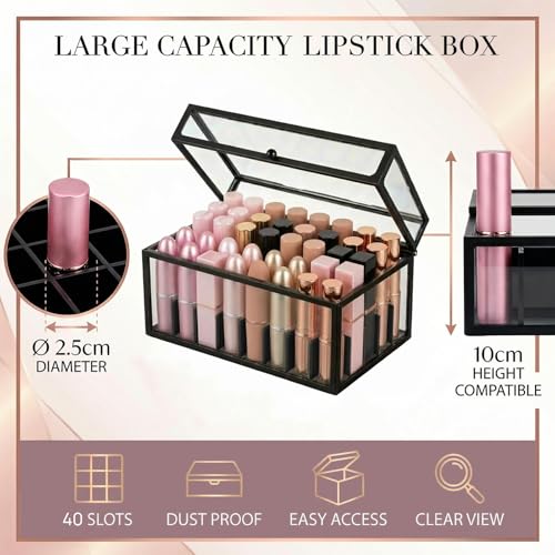 40 Lipsticks Organizer with Lid, Glass Display Box Fits Large Perfume & Skincare, Easy-Access Organiser for Vanity Countertop, Multifunctional Display Box in Any Rooms - color: black