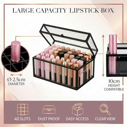 40 Lipsticks Organizer with Lid, Glass Display Box Fits Large Perfume & Skincare, Easy-Access Organiser for Vanity Countertop, Multifunctional Display Box in Any Rooms - color: black