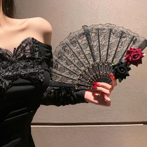 Halloween Black Lace Rose Hand Fan – Vintage Folding Fan for Women Girls – Cosplay Costume, Party Props, Dance, Photo Shoots & Decorative Gift