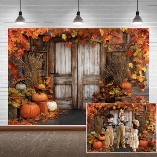 Fall Pumpkin Photography Backdrop, Autumn Thanksgiving Harvest Rustic Farm Wooden Barn Door Background Maple Leaves Party Banner Decoration Photo Booth Props 7x5FT