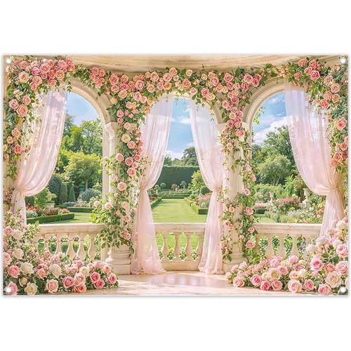Fabric 7x5ft Spring Window Scenery Photography Backdrop Pink Flowers Rose Graden Background Girl Princess Wedding Bridal Shower Birthday Party Decorations Photo Props - size: 7'x5'