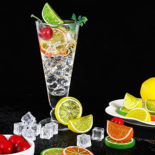 MTLEE 90pcs Artificial Plant Fruit Decor Set, Including 30 Simulation Lemon Slices, 50 Clear Acrylic Ice Cubes, 10 Artificial Cherry Fruits for Home Decor, Wedding Vase Filler, Photo Prop