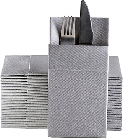 Moyes Home Silver Disposable Dinner Napkins with Pocket - Linen-Feel Pre-Folded Cloth-Like Paper Napkins for Silverware, Weddings, Dinner Parties, 16x16 in, Pack of 50 - color: Silver
