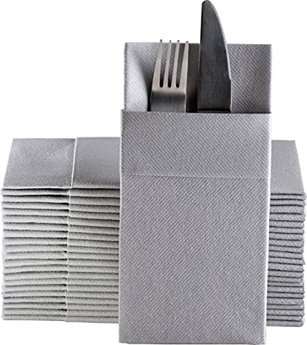 Moyes Home Silver Disposable Dinner Napkins with Pocket - Linen-Feel Pre-Folded Cloth-Like Paper Napkins for Silverware, Weddings, Dinner Parties, 16x16 in, Pack of 50 - color: Silver