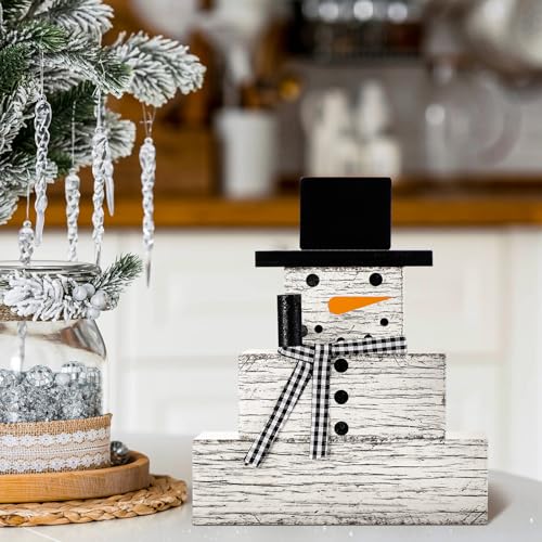 Geelin 4 Pcs Snowman Decor Winter Table Decorations Christmas Tiered Tray Decor Winter Centerpiece Decorations Indoor Rustic Wooden Snowman Block Sign Gift for Home Table Kitchen Shelf - style: Snowman