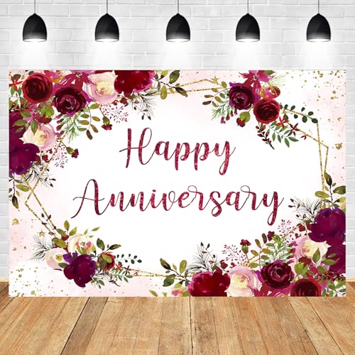 Happy Anniversary Backdrop 5Wx3H Feet Polyester Fabric Elegant Burgundy Flower Rose Floral Plant Botanical Decoration Green Leaves Gold Glitter Photography Background Photo Shoot Props - color: B-01Anniversary(Burgundy), size: 5Wx3H