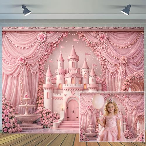 5 x 3 ft Pink Castle Backdrop Pink Princess Palace Arch Floral Drapes Background Girly Party Baby Shower Kids Birthday Wedding Party Decorations Banner Photo Booth Props Supplies - color: Multi8, size: 5x3ft
