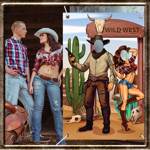 Tudomro 73 x 47 Inch Western Cowboy Backdrop Party Decorations Wild West Large Photo Booth Props Background Door Banner Cowboy Themed Funny Games Supplies for Birthday Party Men - style: Wild West