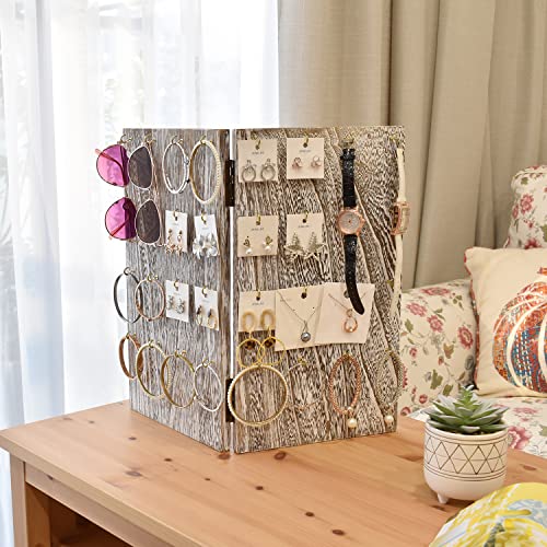MOOCA Wooden Space Saving Foldable and Portable Jewelry Display Stand with 32 Hooks for Earring Card & KeyChain, Earring Holder, Bracelet Holder, Corner Display, Antique White Color - color: Antique White