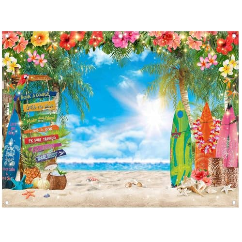 8x6ft Summer Hawaiian Beach Photography Backdrop Tropical Flower Palm Leaves Surfboard Background for Luau Aloha Party Decoration Banner Photo Booth - size: 8x6ft