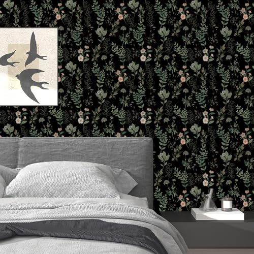 Fvlow Vintage Black Green Leaves Peel and Stick Wallpaper Waterproof Contact Paper, Self Adhesive Vinyl for Living Room Bedroom Bathroom, Removable Wall Covering Furniture Decor, 17.4" x 118" Dark - color: Black/Green, size: 17.4" x 118"