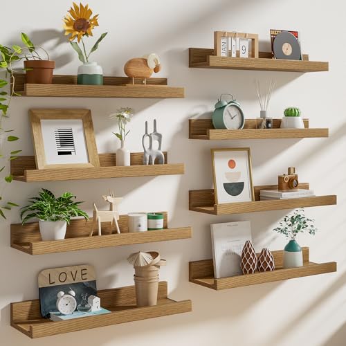 Heimlove 24 inch Picture Ledge Shelf Set of 8,Long Floating Shelves for Wall,Oak Picture Shelf with Lip for Wall Decor,Living Room Bedroom Bookshelf Photo Frames Nursery Book Shelves for Storage - color: Oak, size: 24 inches set of 8