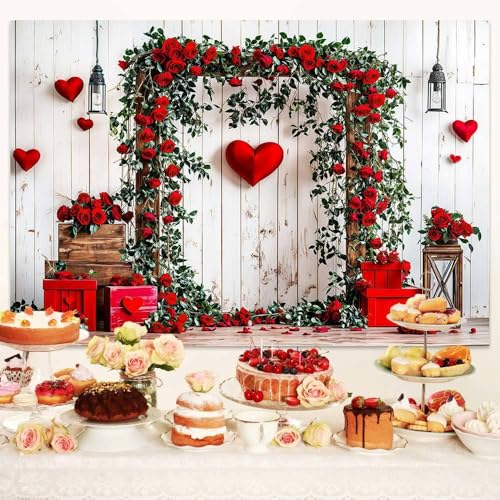 5 x 3 ft Valentine's Day Backdrop Rustic Barn White Wall Red Rose Love Heart Balloon Background Wedding Bridal Party Valentine's Day Engagement Backdrops Portrait Photo Booth Props - color: Red4, size: 5x3ft