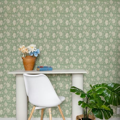 Main Street Peel and Stick Wallpaper Eco-Friendly Sheets 12 Pack, 11 X 16 Inch Block Print Floral Design, Wall Mural for Home Decor, Removable Wall Decor Wallpaper Peel and Stick for DIY Projects - style: Block Print Floral