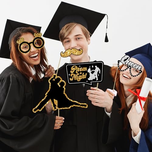Prom Photo Booth Props, 39Pcs Black Gold and Silver Prom Send Off Decorations Photo Booth Props for Masquerade Party Decorations for Home Office Decoration