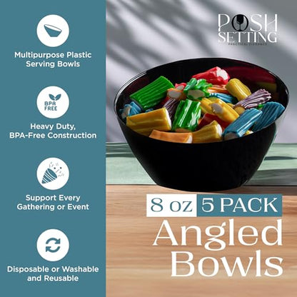 Posh Setting Black Plastic Serving Bowls Disposable - Angled Bowls - Angled Candy Bowl - Plastic Snacks & Chip Bowls for Parties - Black, Gold & Clear, White Serving Dishes, 8 OZ, 5 Pack - color: Black, size: Small 8 OZ