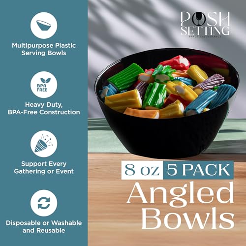 Posh Setting Black Plastic Serving Bowls Disposable - Angled Bowls - Angled Candy Bowl - Plastic Snacks & Chip Bowls for Parties - Black, Gold & Clear, White Serving Dishes, 8 OZ, 5 Pack - color: Black, size: Small 8 OZ