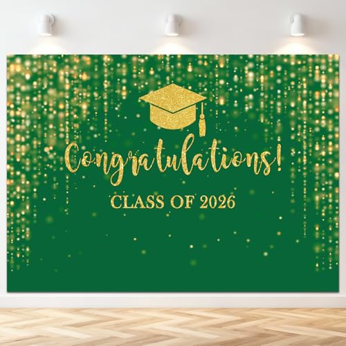Mocsicka Class of 2026 Backdrop Green Gold Glitter Bokeh Graduation Party Background 2026 Congrats Grad Prom Party Cake Table Decoration Photo Booth Props (7x5ft) - color: Green Gold, size: 7x5ft