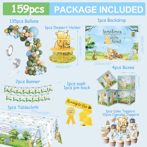 159pcs Blue Classic Winnie Baby Shower Decorations Kit, Vintage Pooh Party Supplies, Classic Pooh Backdrop, Cake Topper, Tablecloth Box Decorations for Girl Boy Baby Shower - style: Blue Decoration with Blue Baby Box