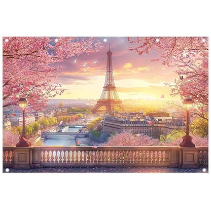12x8ft Fabric Eiffel Tower Backdrop Paris Landscape Floral Lake Bridge Photography Background Wedding Girls Birthday Party Decorations Photo Booth Props - size: 12'x8'
