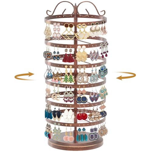MODOWEY Rotating Earring Holder Organizer Stand, 6 Tier Large Capacity Jewelry Display Tree for Women Vendors, 264 Hole Adjustable Metal Rack for Stud Hoop Dangle Storage, Spin for Easy Access, Bronze - color: Copper, size: 6-Tier