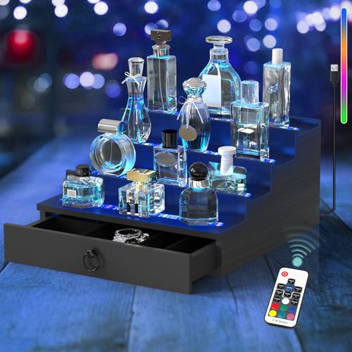 LED Lighted Cologne Organizer for Men, 4 Tier Wood Perfume Organizer with Velvet Lined Drawer, Multi Lighting Modes Perfume Display Holder with Remote Control, Cologne Shelf Stand, Nice Gift for Men - color: Fashion Black-4 Tier