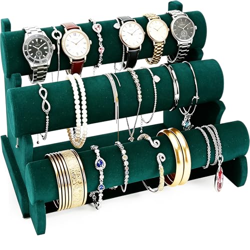 Barelove Velvet Bracelet Holder with 3 Tier Rack, Green T-Bar Storage Organizer Detachable Display Stand for Necklace Watch Bangles Bracelets Scrunchies Organization Showcase - color: Green