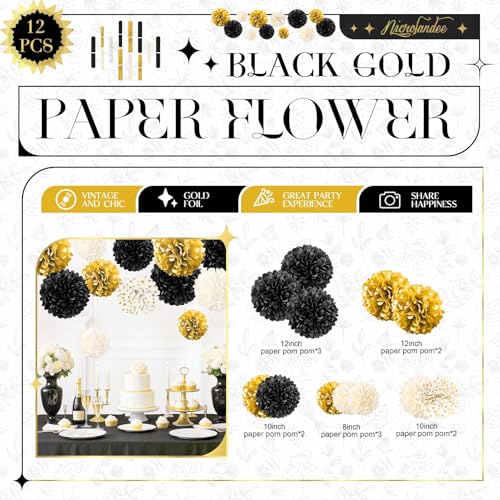 NICROLANDEE Black and Gold Party Supplies for 2026 Graduation - 12PCS Tissue Pom Poms 12" Decorative for Graduation, Wedding, Milestones Birthday for Men Women, Retirement Party, New Years Eve Party - style: Black Gold