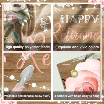 Mocsicka Rustic Retirement Backdrop Banner Women Happy Retirement Party Decorations Pink Floral Retired Party Photo Booth Props (6x3.6ft) - size: 6x3.6ft