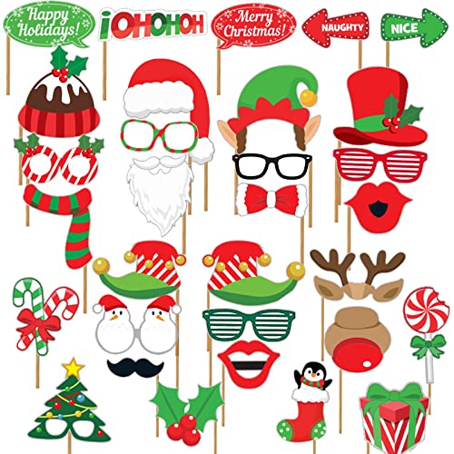 Christmas Photo Booth Props - Set of 32 Party Supplies, Pose Sign Kit for Adults Kids Decoration, Xmas Props for Photoshoot Selfie Holiday Photography - size: 32