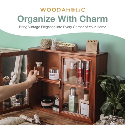 Cosmetics Display Cabinet with Clear Doors - 2-Level Wooden Tabletop Shelf Storage for Makeup, Perfumes, Skincare - Mahogany Wood Vanity Shelf Display Case - Mini Kitchen Cupboard